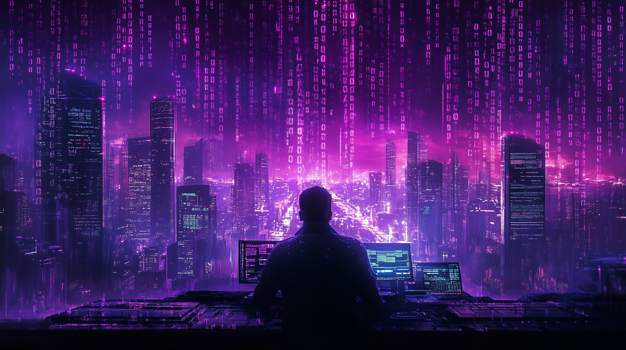 digital landscape where glowing binary code streams down like rain, merging with a real-world cityscape below