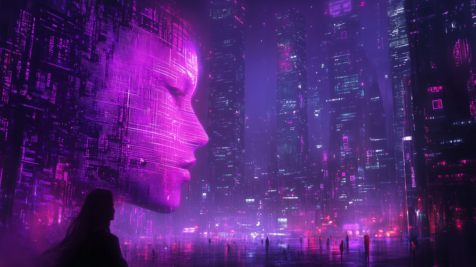 dystopian cityscape with towering skyscrapers made of glowing digital code