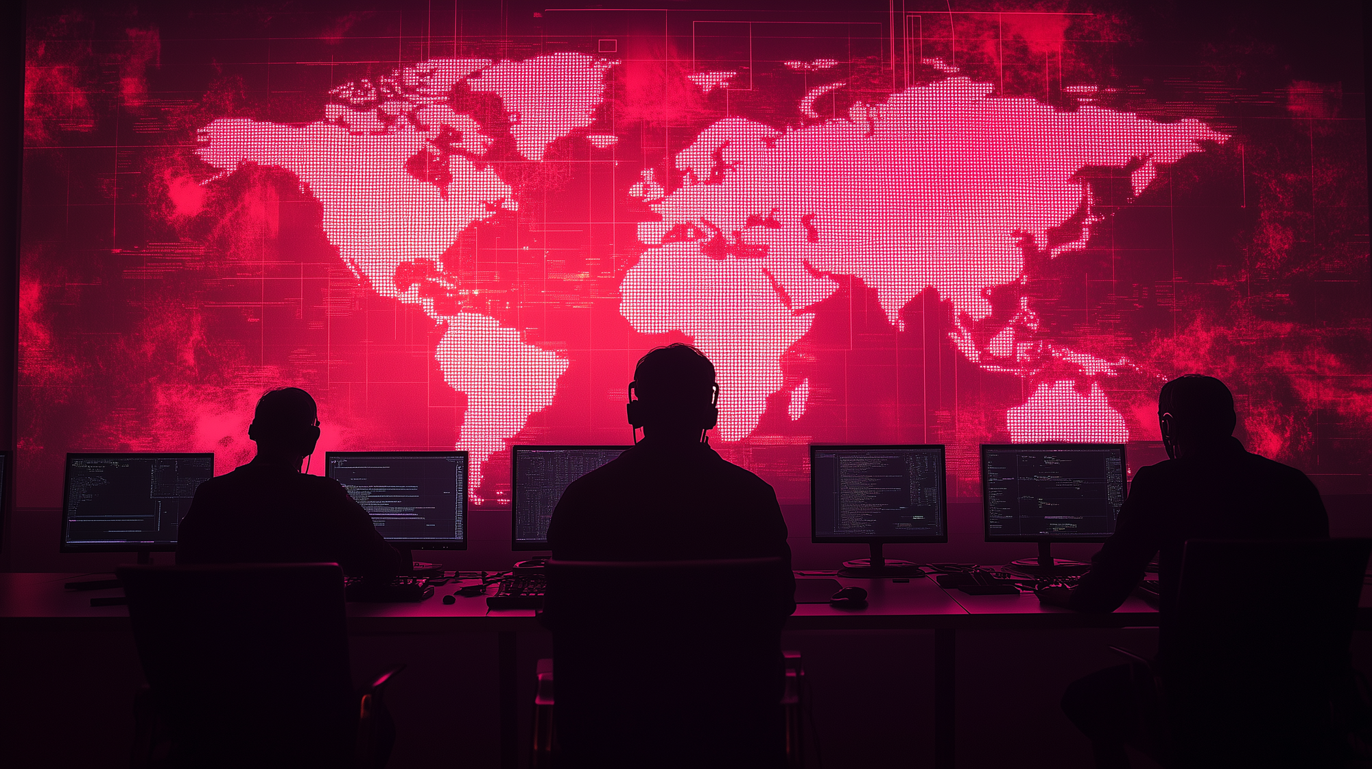 darkened room with a digital world map on a large screen, glowing red with lines of code streaming across it, while silhouettes of hackers sit at computers