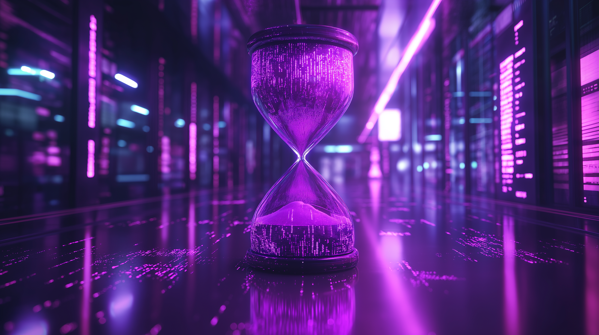 hourglass in a digital environment, with shifting binary code inside it, symbolizing time and evolution