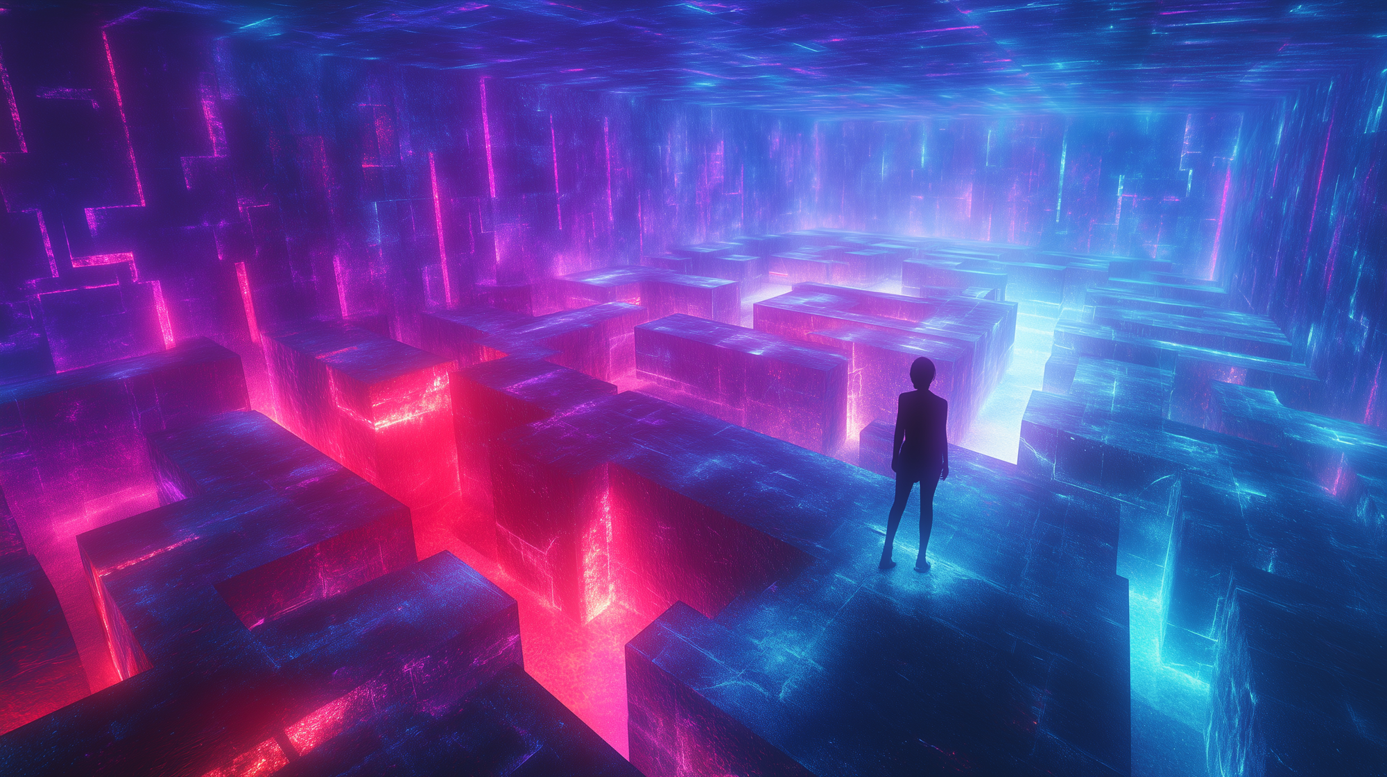 digital maze suspended in a void, with countless twisting paths illuminated by electric blue and red lights