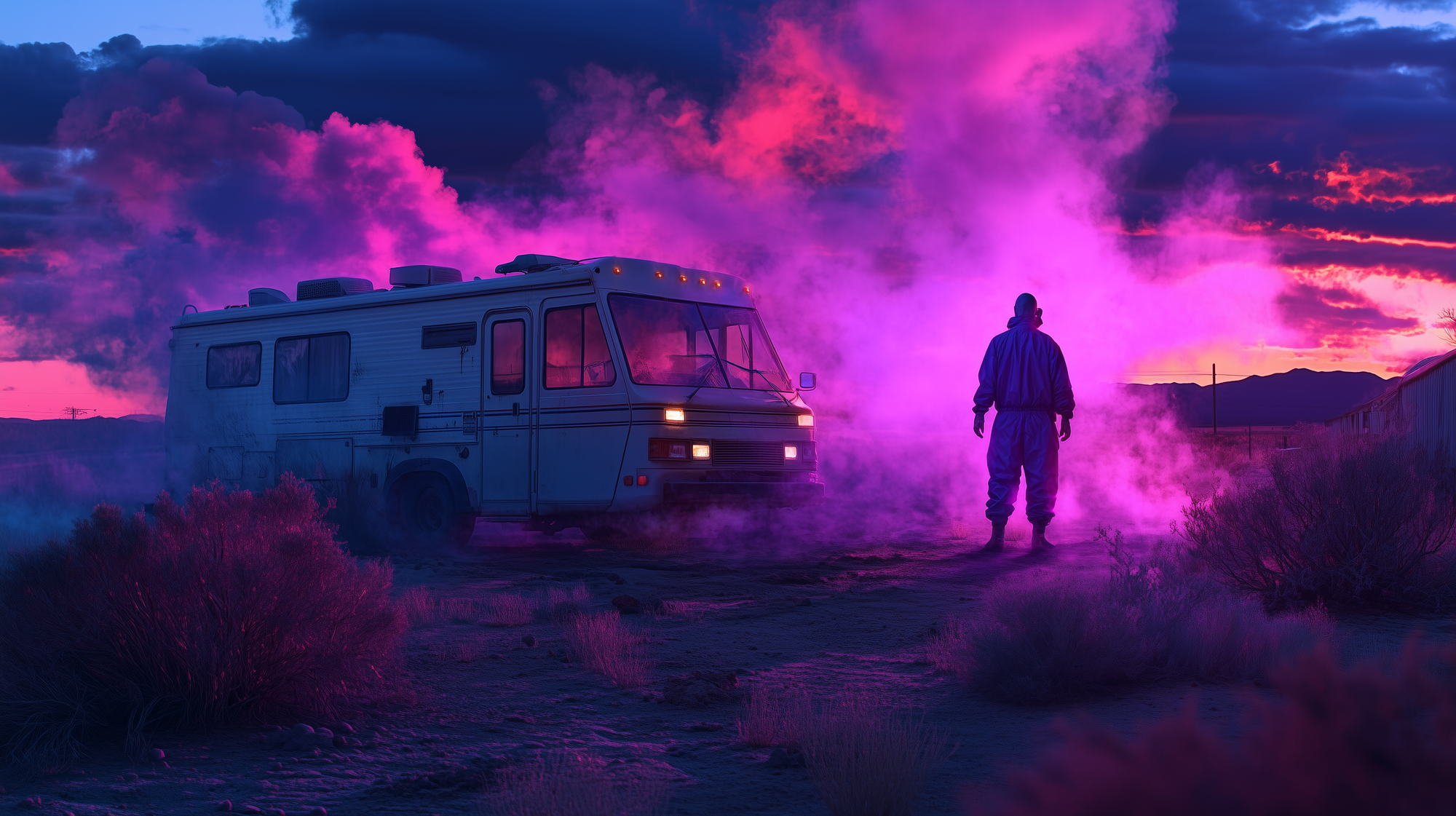 Desolate desert landscape with a Walter White in a hazmat suit standing near the famed RV