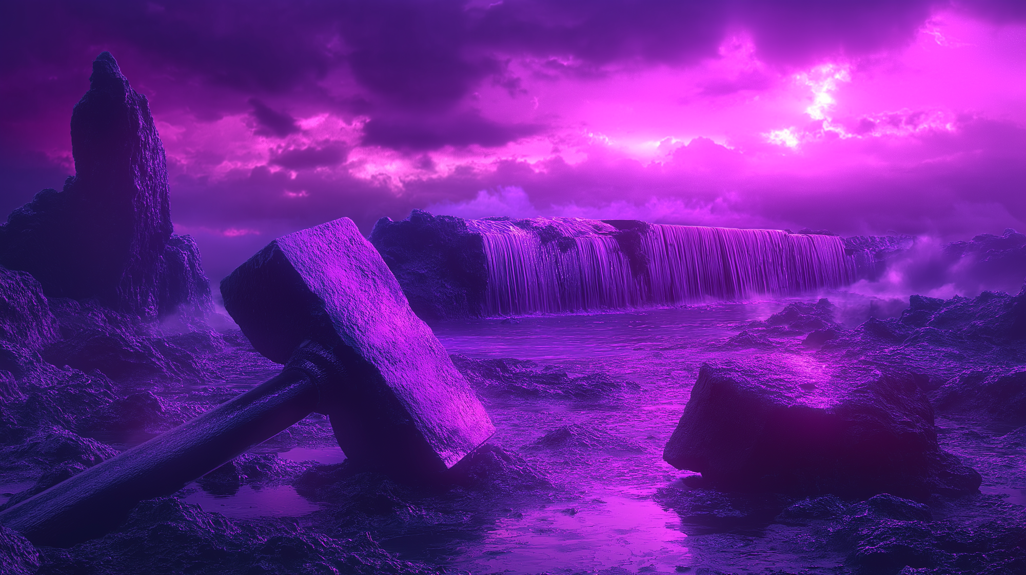  broken hammer lying next to a cracked dam, water seeping through the cracks