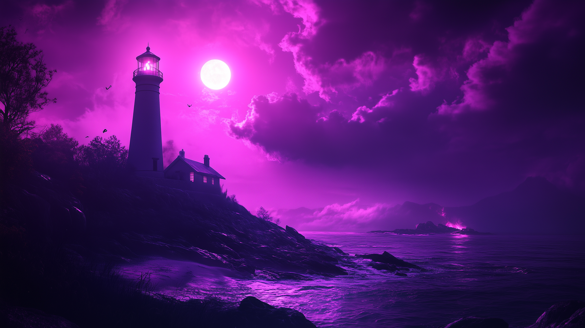 lighthouse on a dark coastline, its light shining out to sea, while a distant house is engulfed in flames