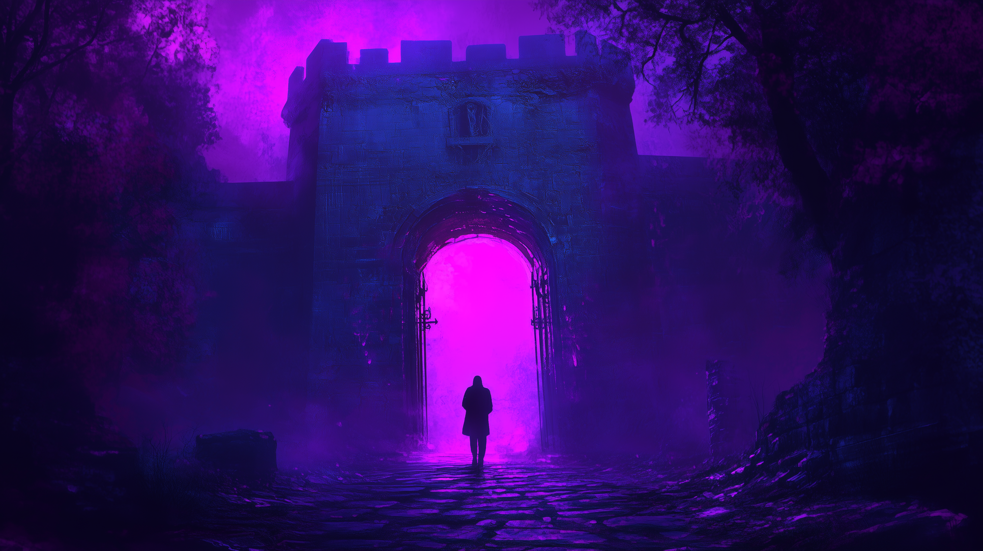 watchman standing at a fortress gate, intently staring down a well-lit path