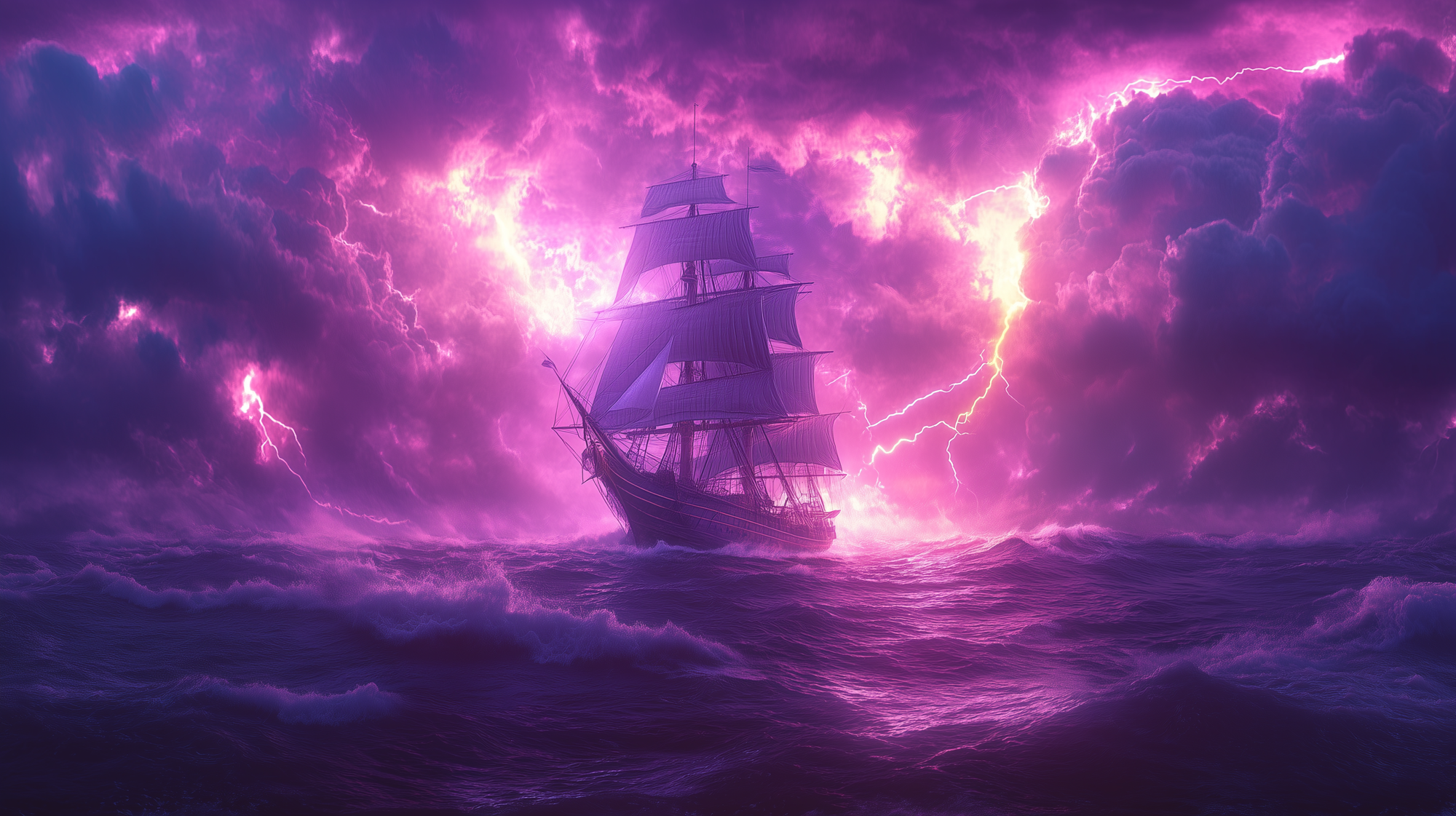 ship navigating a turbulent sea under a stormy sky, sails full and crew vigilant, adapting to changing winds and waves