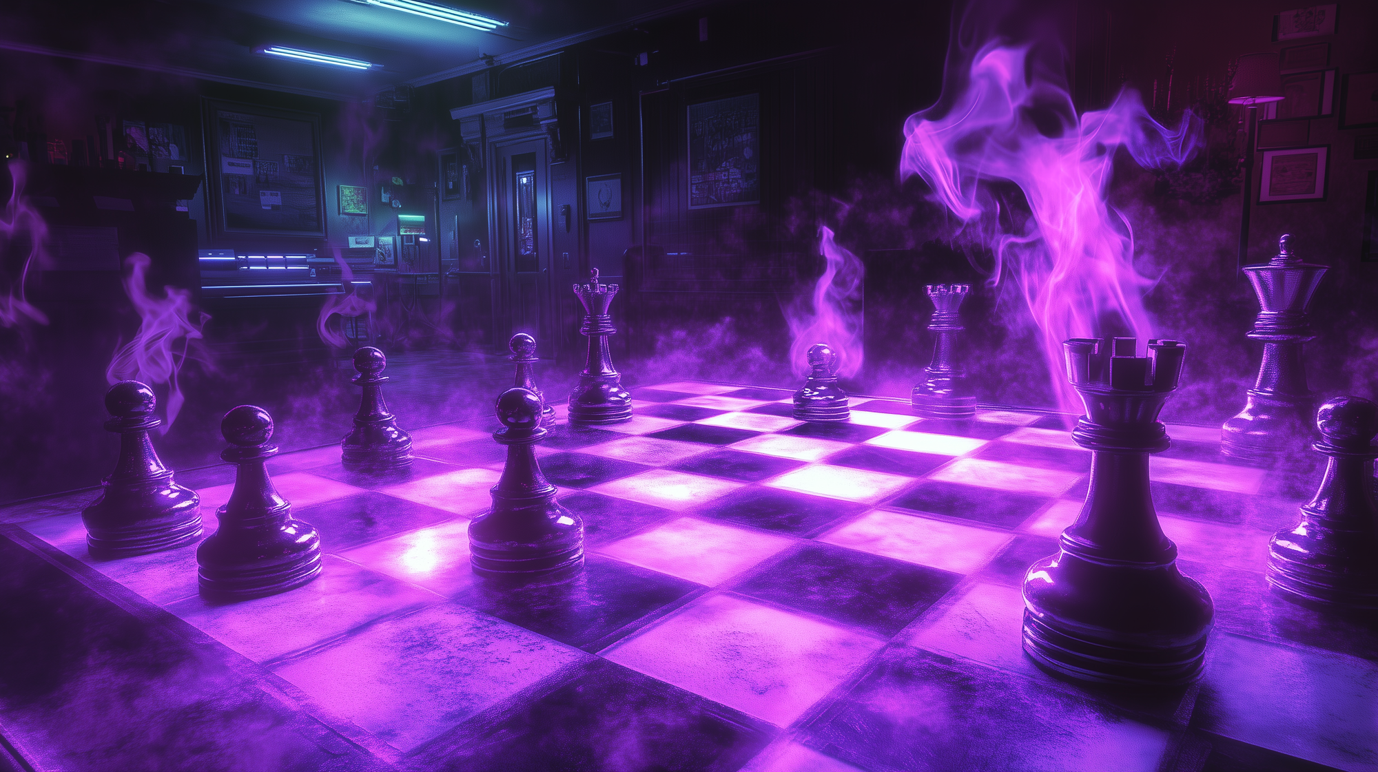 dimly lit chessboard where shadowy, unseen hands move pieces with quiet precision