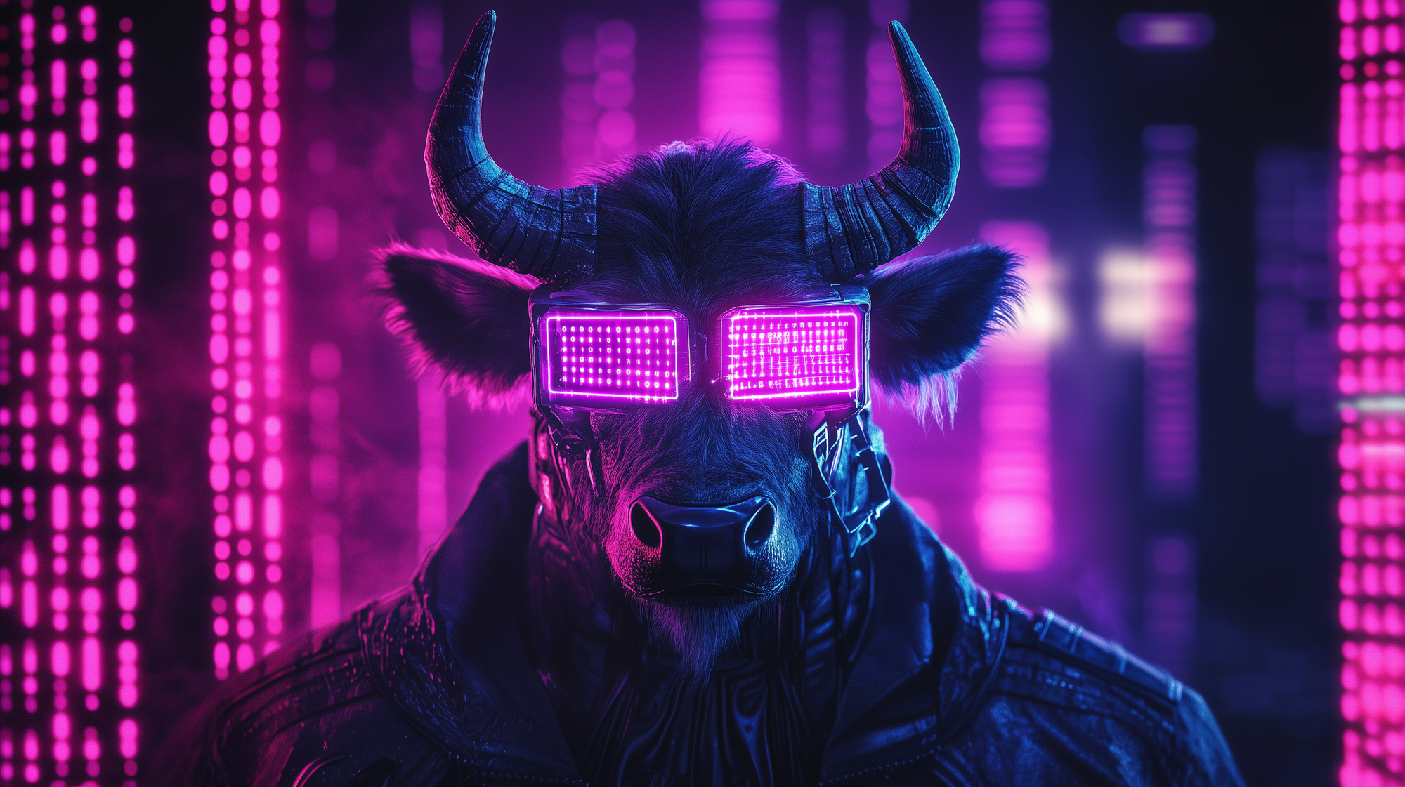 large and powerful and evil looking cybernetic Minotaur with binary code and neon lights in the background