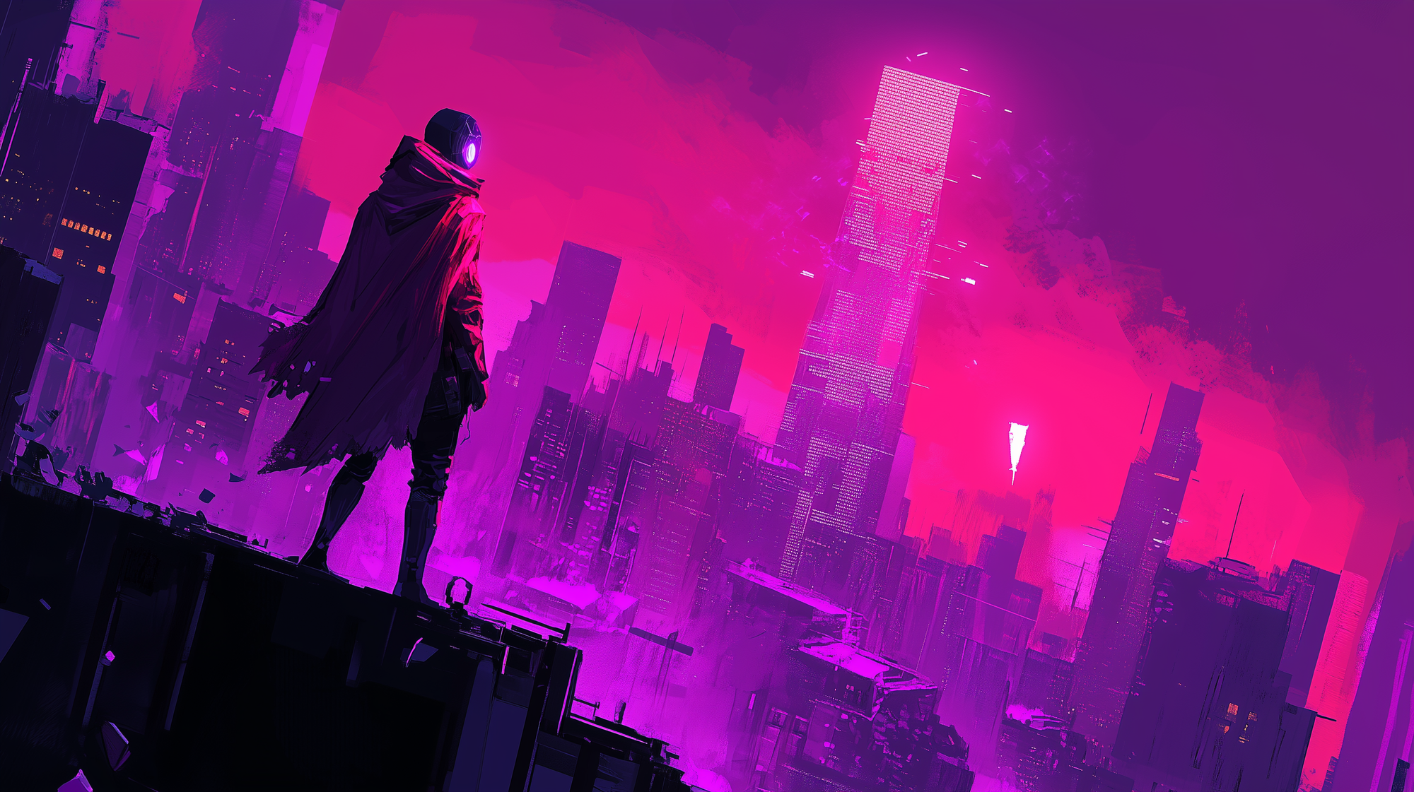 neon-lit skyscrapers, a lone figure in sleek futuristic armor stands on a rooftop