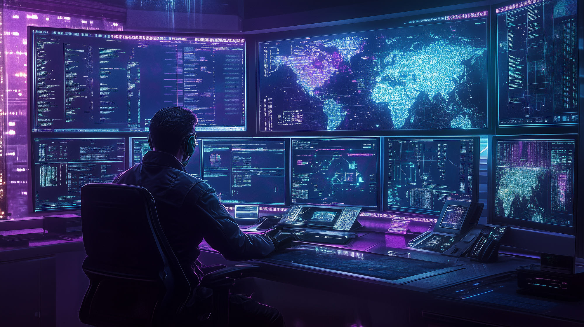 futuristic control room with glowing holographic screens displaying threat maps, code, and analytics, bathed in blue and purple neon light