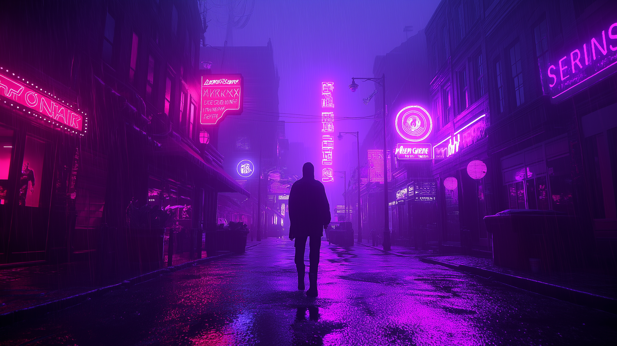 man wearing a hoodie walking down a dark and damp, yet neon lit alley at night