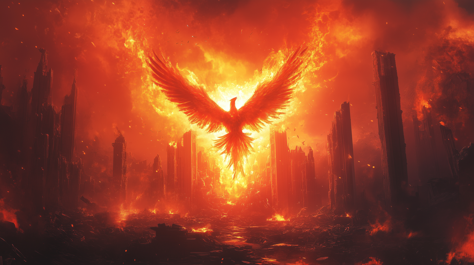 A blazing phoenix rising from the ruins of a crumbling corporate structure, symbolizing renewal and the eradication of toxic leadership