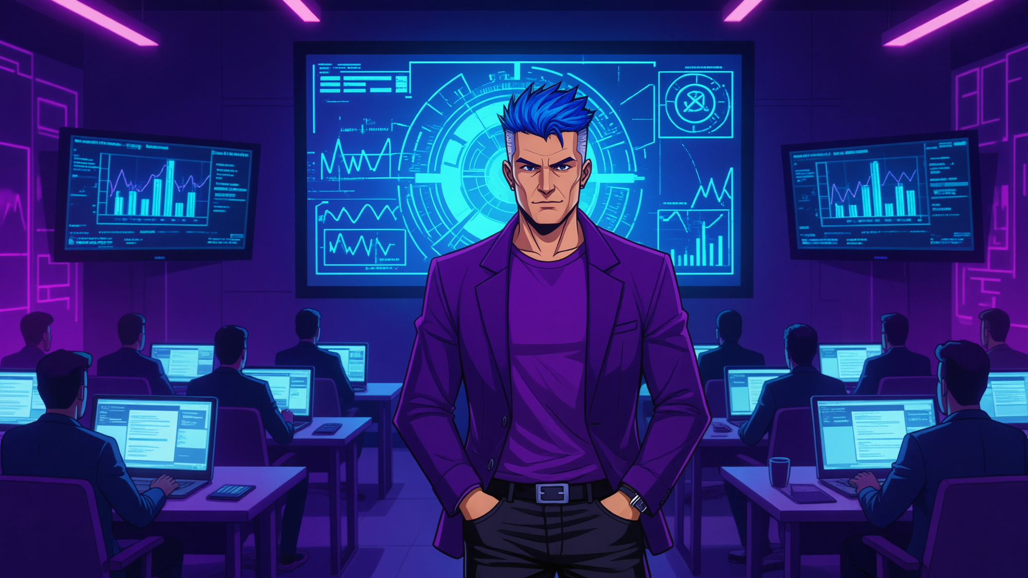 teacher standing in the middle of a classroom of students sitting at desks with laptops