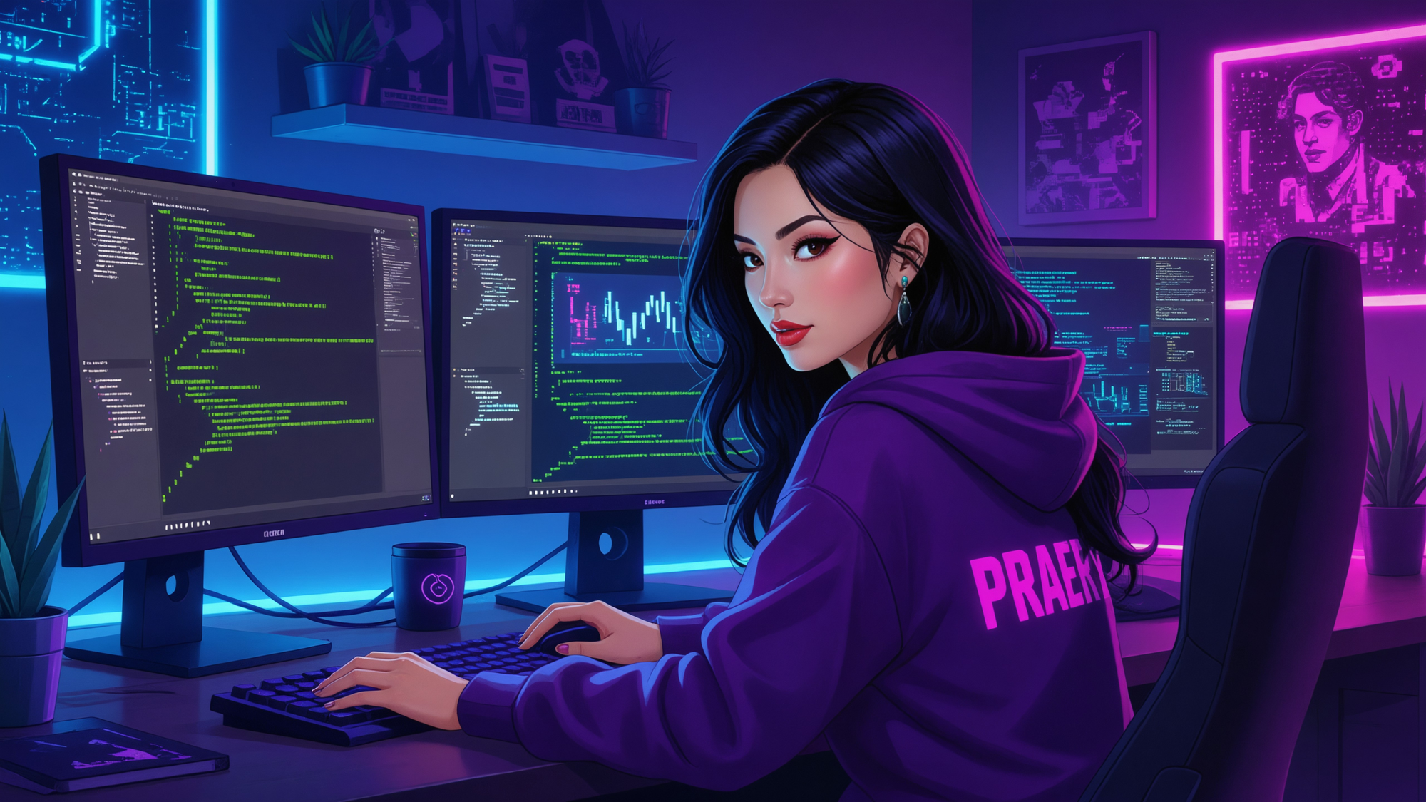 cyber threat intelligence analyst sitting at a home office desk looking at two large screen monitors while developing a custom intelligence report