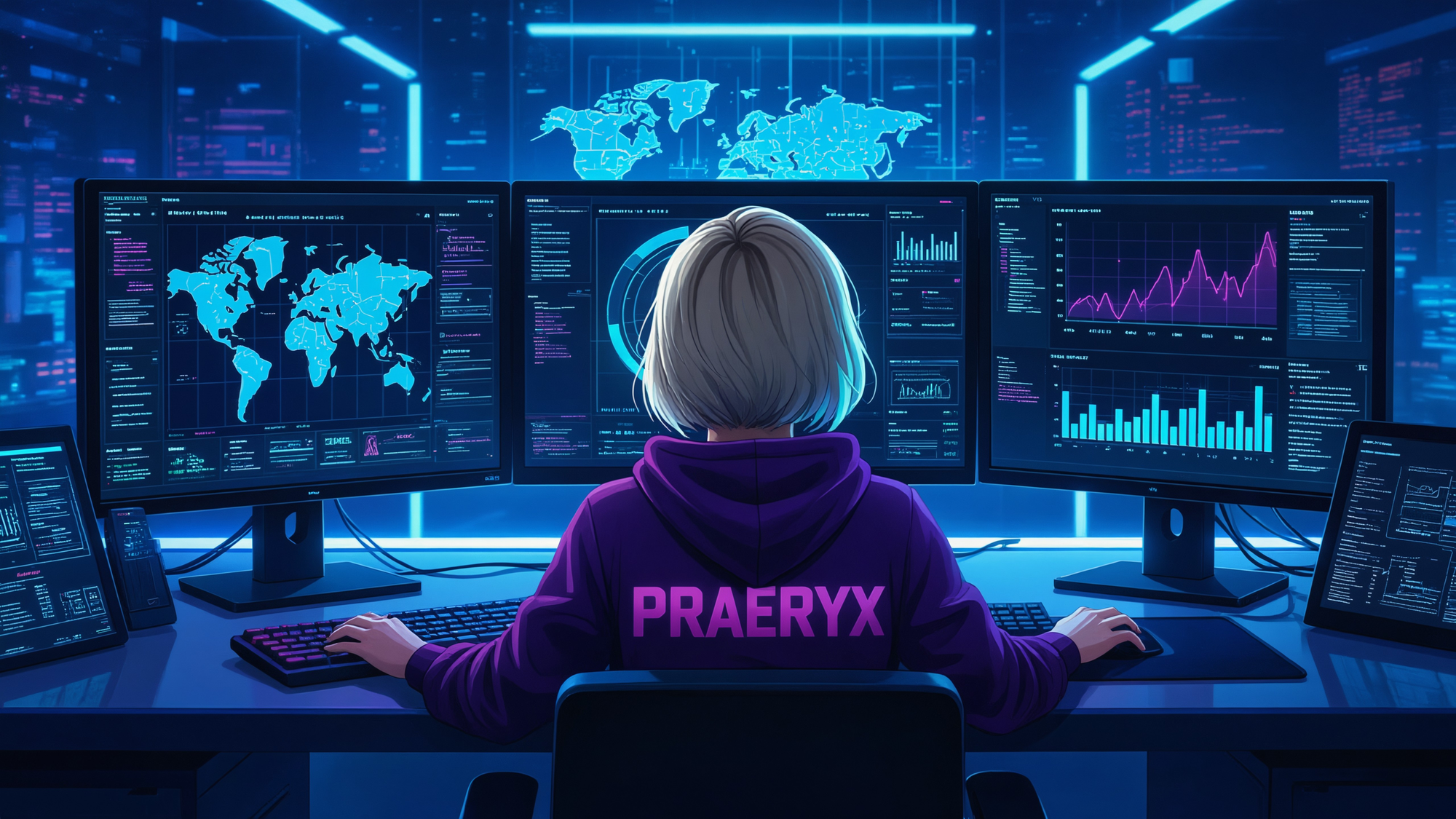 female security operations center analyst sitting at a sleek with three large, ultra-bright screen monitors showing cyber security tooling