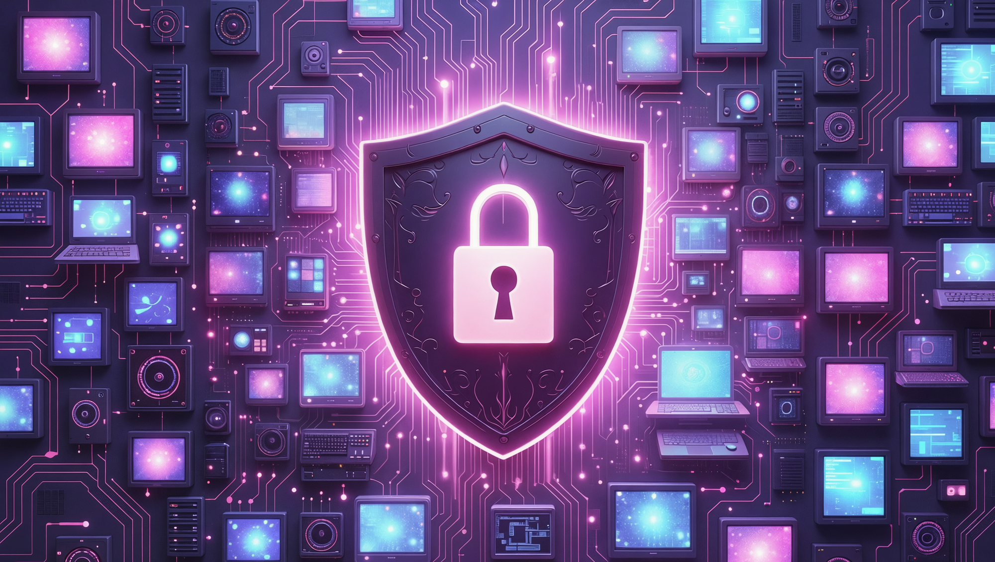intricately designed shield with a prominent, closed lock icon, seamlessly connecting to an array of advanced, futuristic computing devices