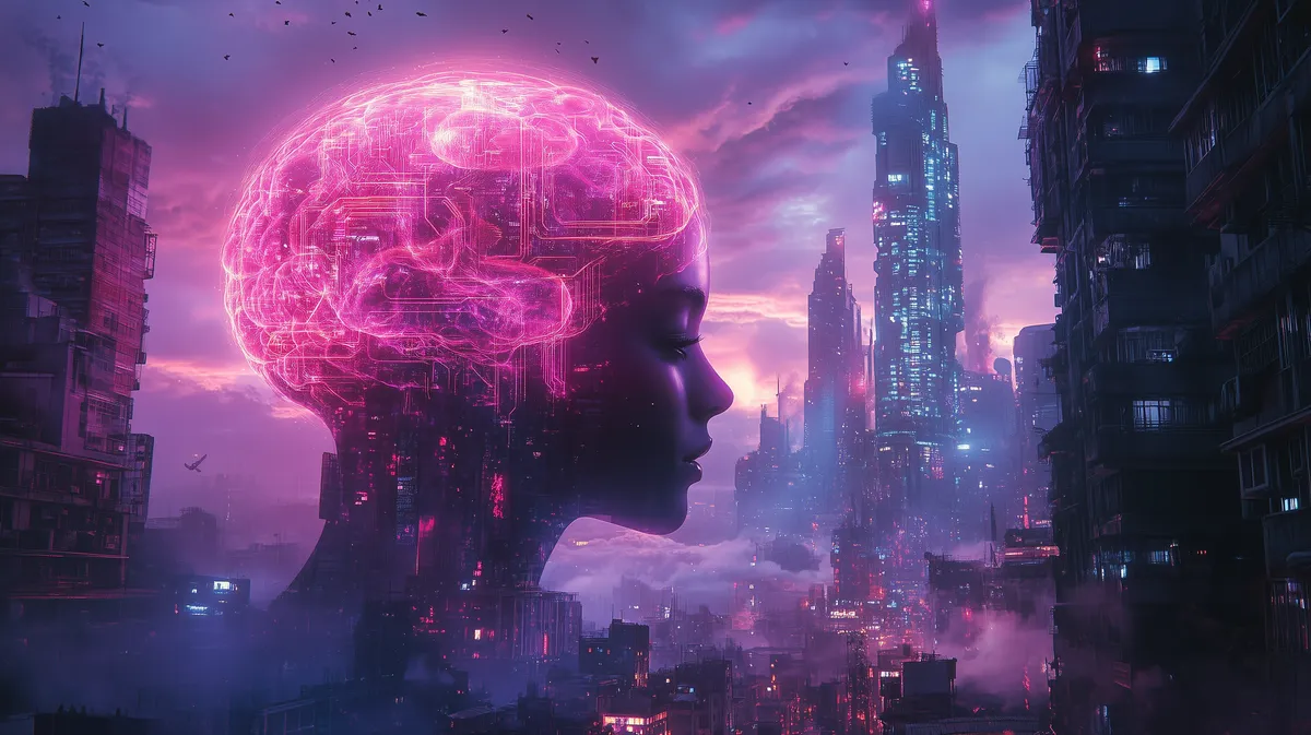 glowing AI brain is hovering in a futuristic city skyline