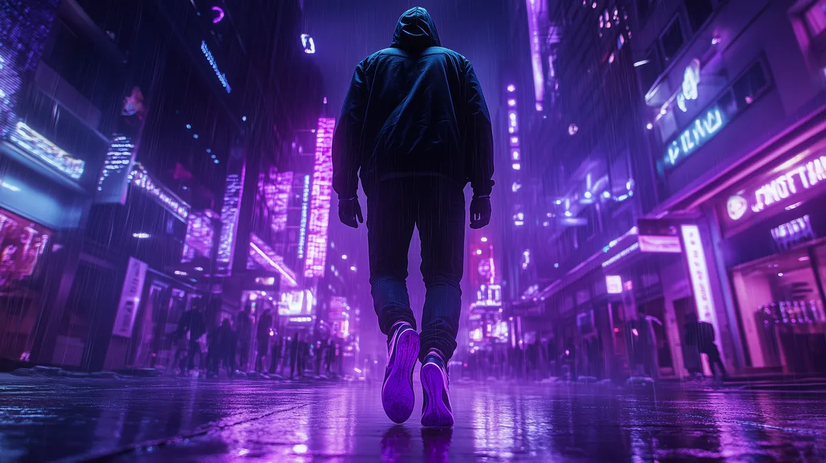 man wearing a hoodie and sneakers walking down a busting wet street at night