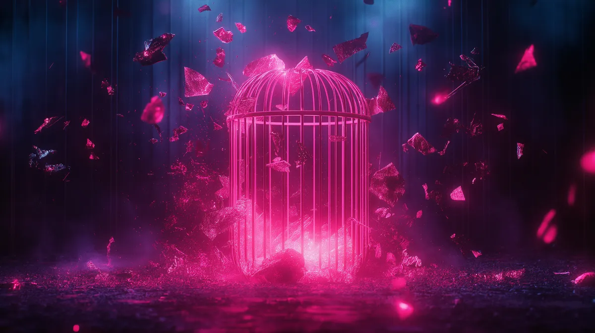 exploding cage, representing the disruption of the CTI industry and bringing down the alleged "kings" of the industry