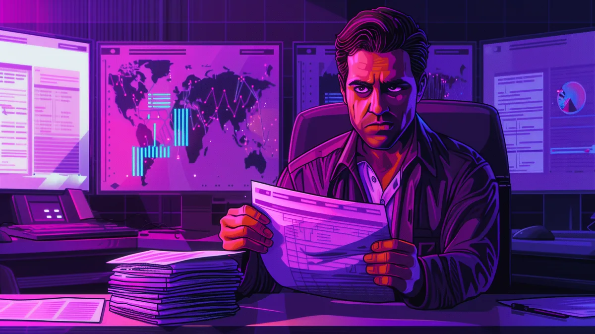 security operations center analyst looking at a cyber threat intelligence report with utter frustration