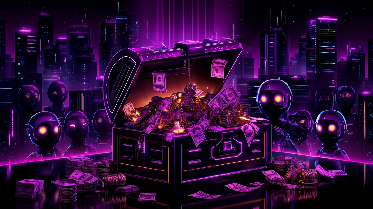 luxury box overflowing with money and expensive jewelry while generative ai robots lurk