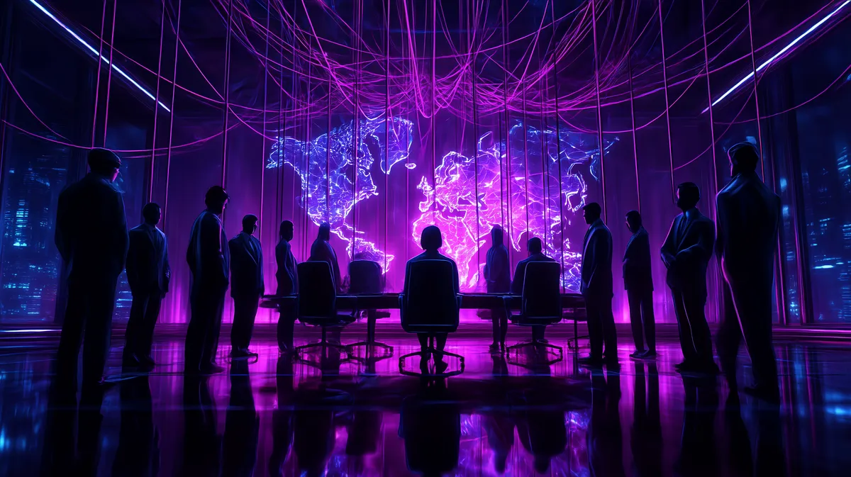 shadowy group of corporate figures watching a curated threat map 