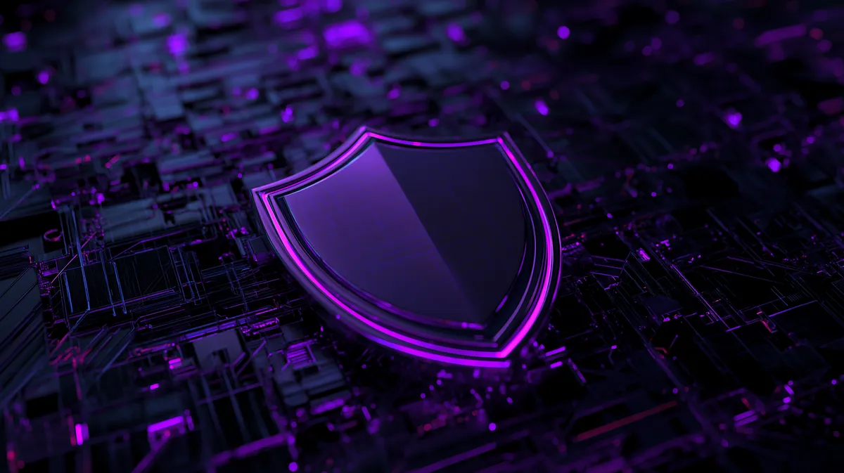large solid digital shield facing forward in front of a subtle grid pattern and interconnecting computing devices