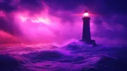 lighthouse on a stormy sea, shining brightly but revealing only part of the surrounding ocean