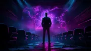 cybersecurity analyst standing alone in a darkened theater, stage lights casting dramatic shadows, giant glowing threat report projected behind them, audience seats empty