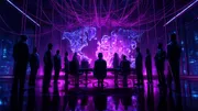 shadowy group of corporate figures watching a curated threat map 
