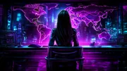a lone security analyst sitting at a desk in a dimly lit security operations center with a large screens depicting global threats maps